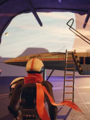The Captain walks to the Kestrel SX-9 in the hangar.