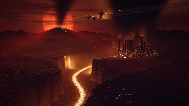 Pyrrhos: rivers of lava below a smoking forge city.